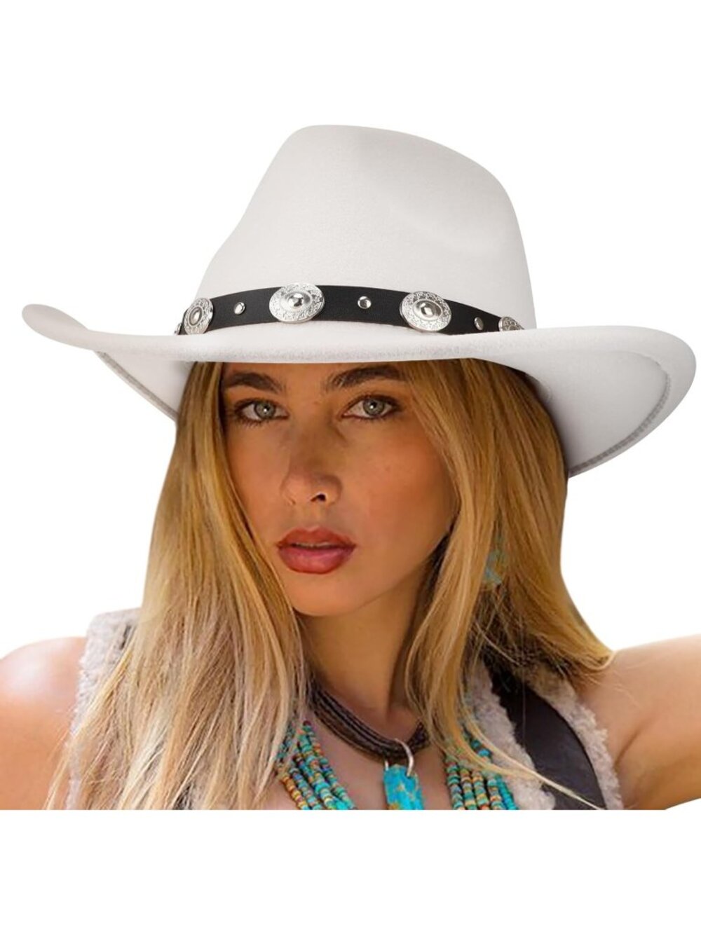 Unisex White Circumference 22-22.8" Felt Wide Cowboy Western Cowgirl Hat